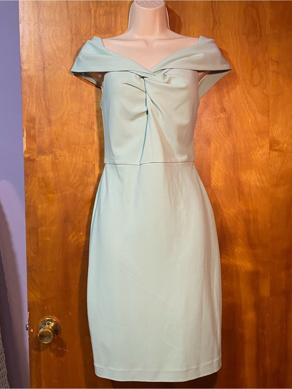 Elegant Belle Badgley Mischka dress, mint green,off shoulder,twist neckline US 4